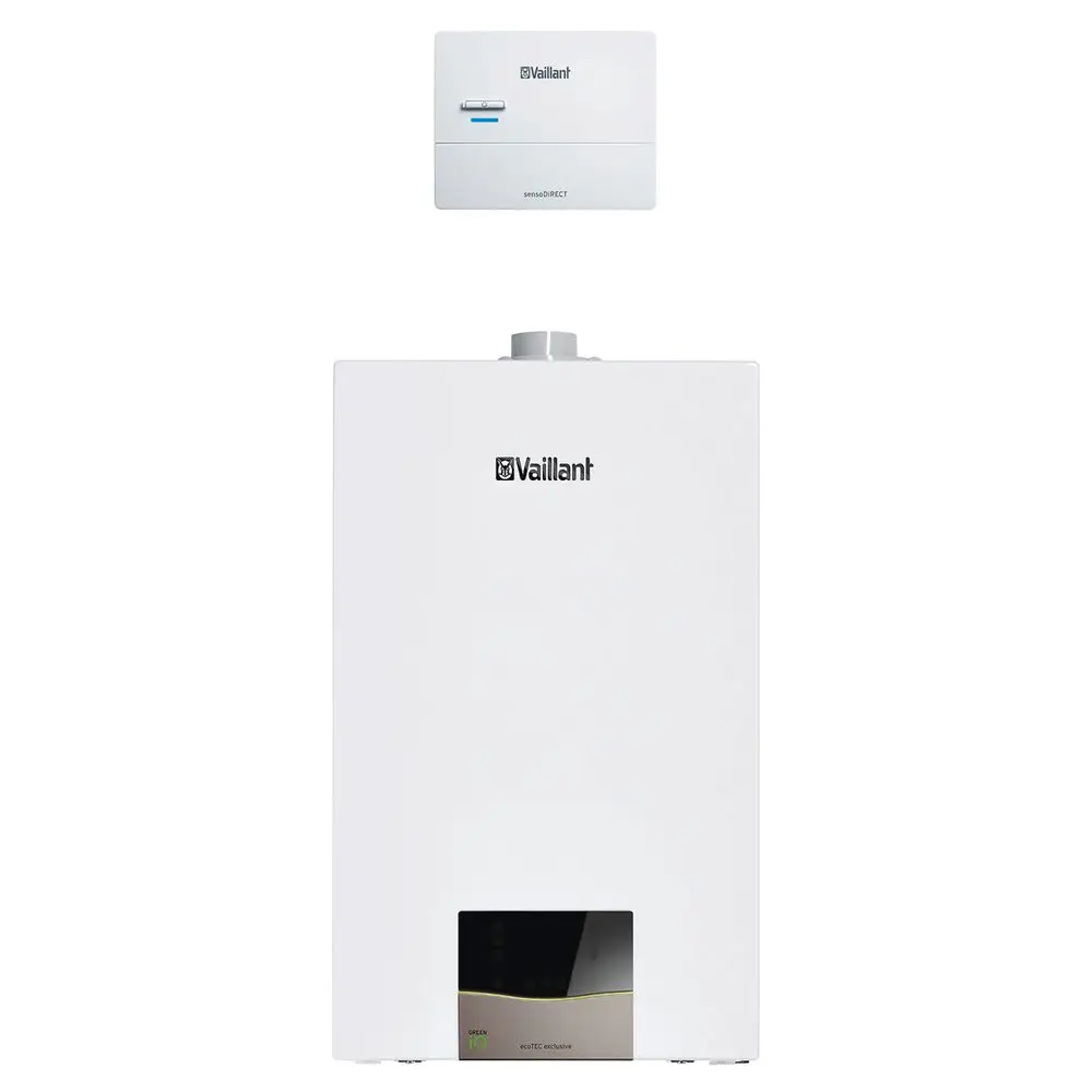 Vaillant Heizgerät in Weiß mit digitalem Display. Darüber ein separates Steuergerät zur Regelung. Beide Komponenten sind für Heizungs- und Warmwasserbereitung konzipiert.